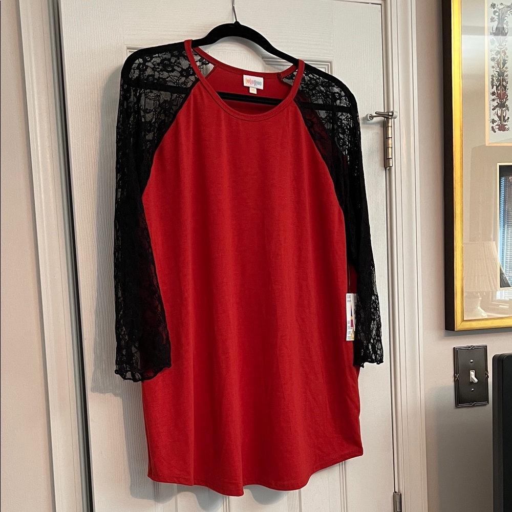 NWT Lularoe Randy Top, Red with Black Lace 3/4 Sleeve